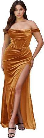 Vestido de Veludo com Fenda para Mulher, Modelo Sereia, Longo, Ombros Descobertos, Vestido de Dama de Honra, Vestido de Festa Sem Alças