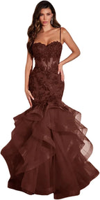 Vestidos de fiesta largos de tul con apliques de encaje para mujer, estilo sirena con volantes y brillo, vestido formal de noche para eventos