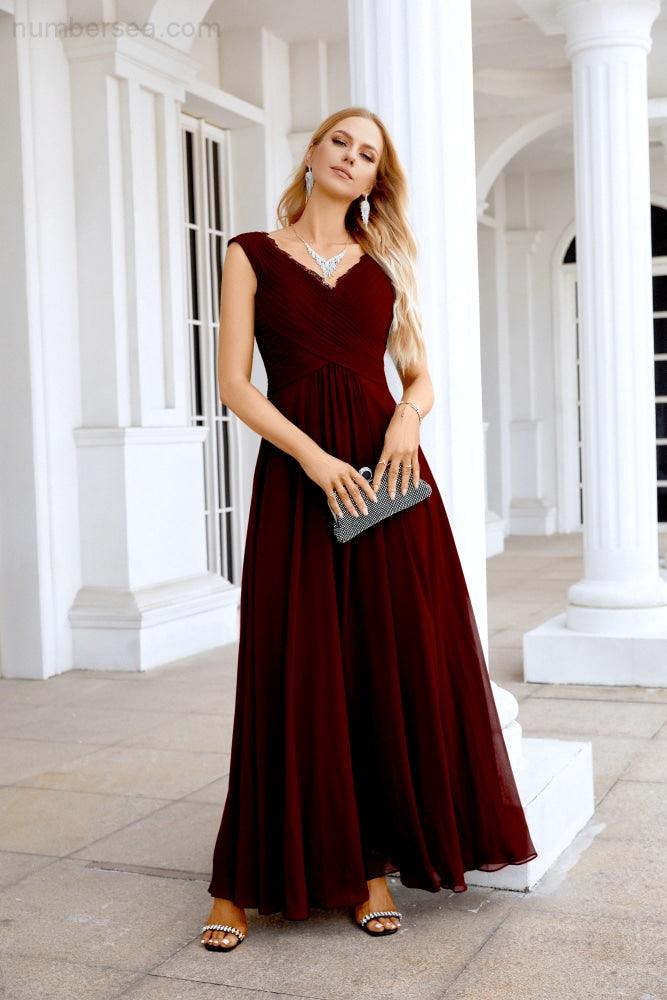 Ladies Chiffon V Neck Sleeveless Floor Length Bridesmaid Evening Dress Wedding Party Evening Dress 28126