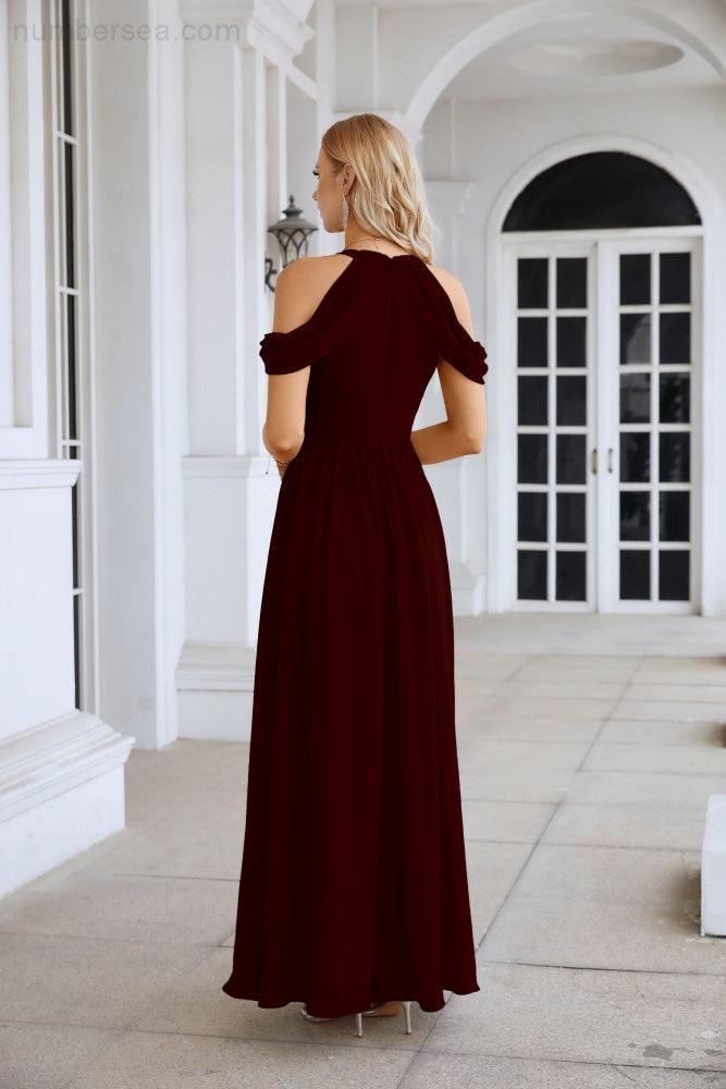 Abito da sera da damigella in chiffon con spalle scoperte, maniche a campana e spacco frontale, abito da festa nuziale 28117