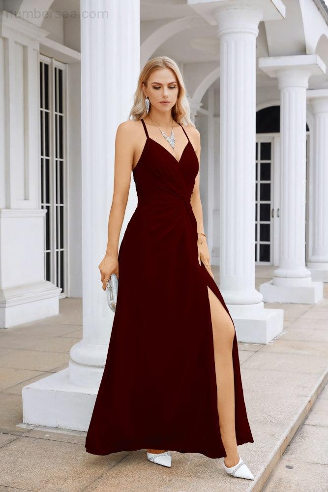 Vestido de Festa Comprido até ao Chão para Damas de Honra, em Chiffon, com Alças Finas, Decote em V e Fenda Frontal, para Baile, Festa e Casamento 28116