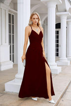 Vestido de Festa Comprido até ao Chão para Damas de Honra, em Chiffon, com Alças Finas, Decote em V e Fenda Frontal, para Baile, Festa e Casamento 28116