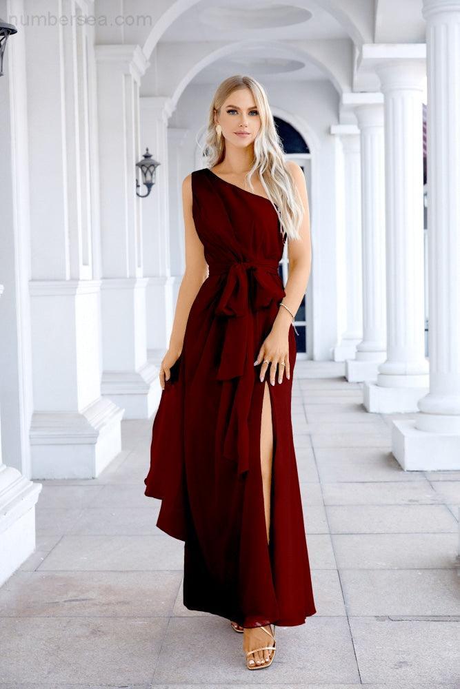 Ladies Chiffon One Shoulder Bridesmaid Evening Dress Wedding Party Evening Dress 28133