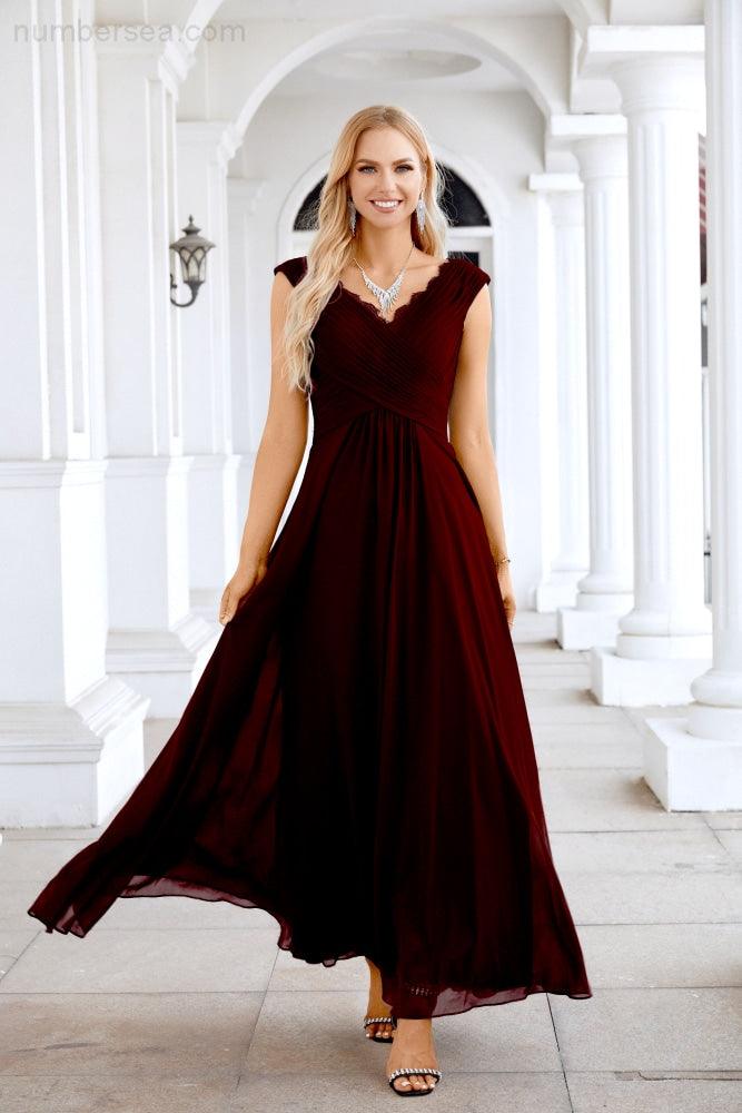 Ladies Chiffon V Neck Sleeveless Floor Length Bridesmaid Evening Dress Wedding Party Evening Dress 28126
