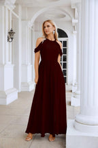 Abito da sera da damigella in chiffon con spalle scoperte, maniche a campana e spacco frontale, abito da festa nuziale 28117