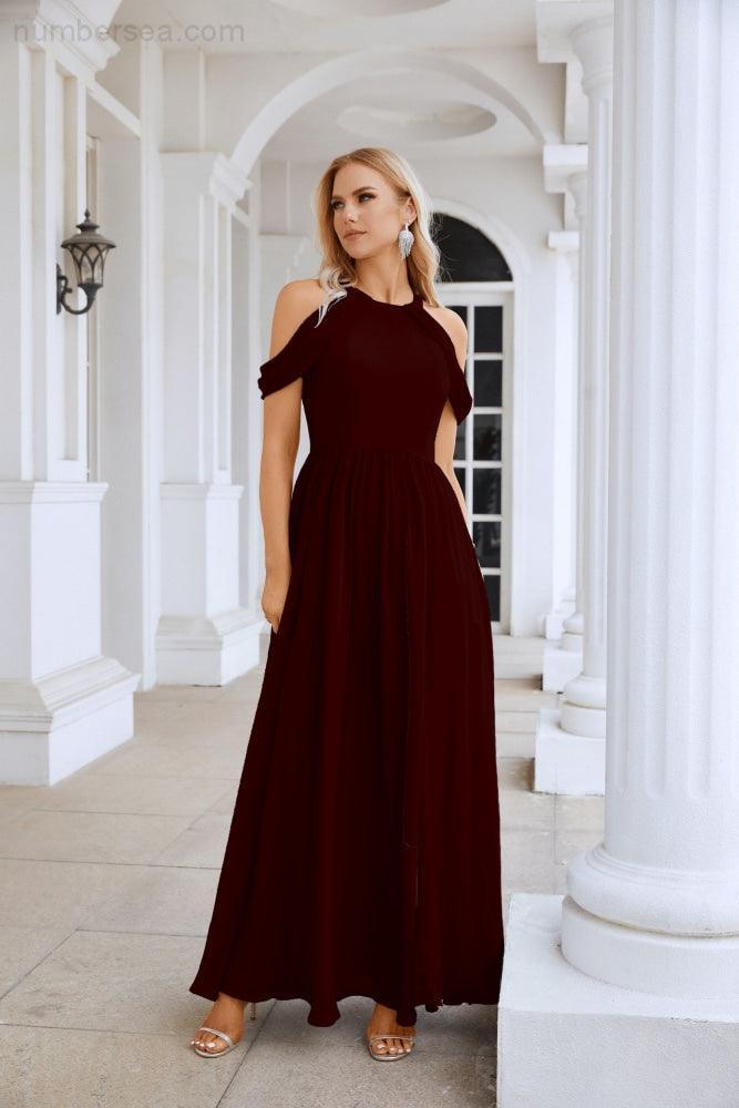 Abito da sera da damigella in chiffon con spalle scoperte, maniche a campana e spacco frontale, abito da festa nuziale 28117