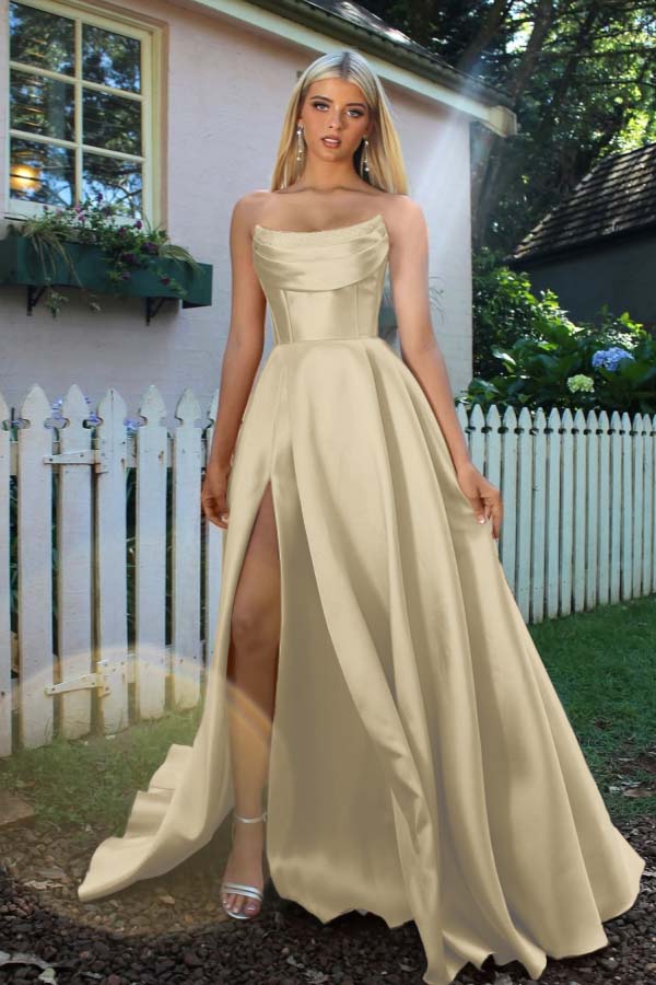 Strapless Sleeveless A Line Long Prom Dress Pleated Split