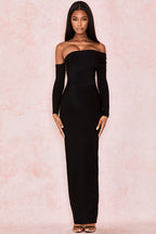 Elegante Abito da Sera Maxi Bandeau Spalla Scoperta con Spacco Posteriore - Nero