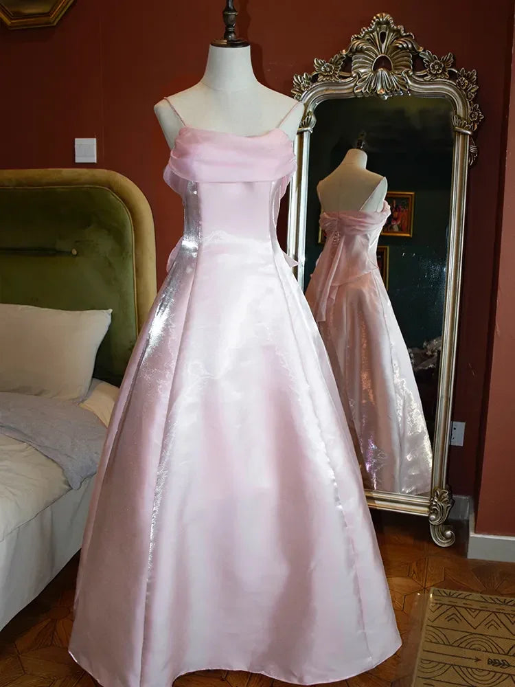 Vestido de Festa Rosa com Alças Finas de Cetim Cintilante, Modelo Fada, Corte em A, Vestido de Princesa, Vestido de Noite Y7555