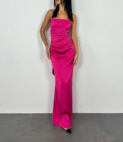 Vestido longo de festa rosa choque justo e sexy, vestido de noite às costas nuas Y7894