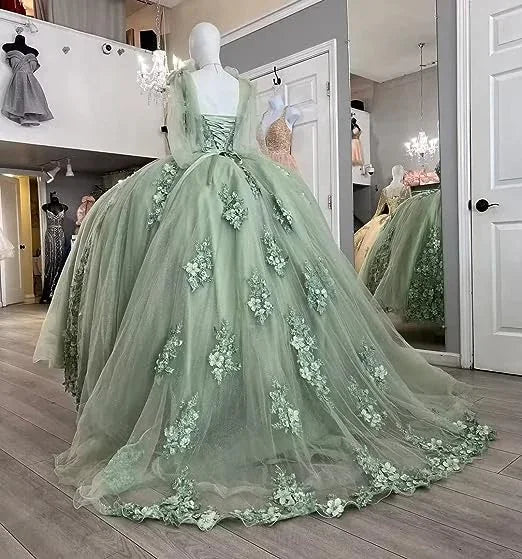 Vestido de Baile de Mulher com Alças Finas, Aplicação de Renda para Festa de 15 e 16 Anos, Modelo Y3038
