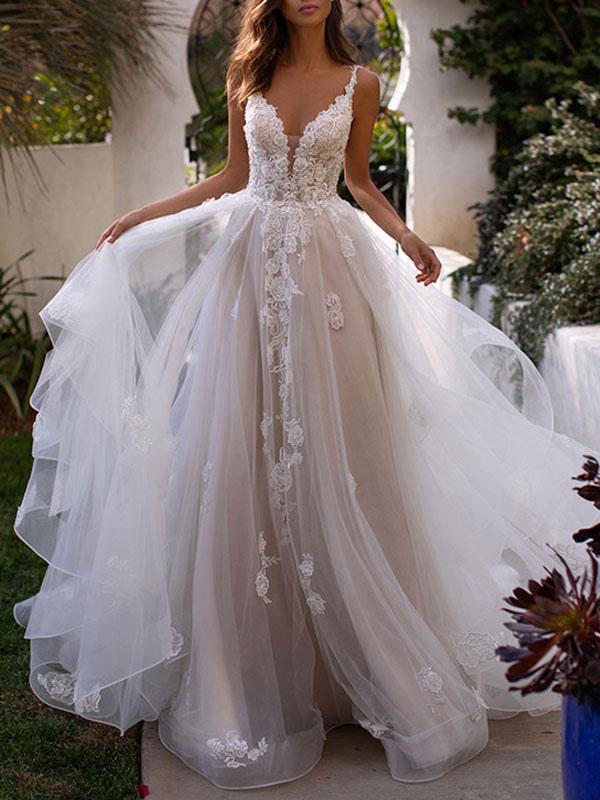 V Neck Sleeveless Tulle Lace Wedding Dress With Delicate Lace Appliques