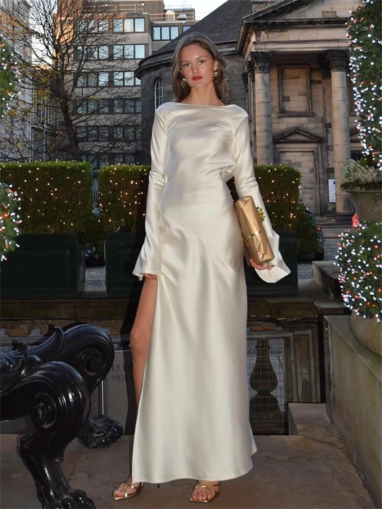 Vestito in Satin con Fessura Laterale TARUXY Donna Elegante per Feste Largo Senza Schienale Abito Lungo per Signora Discoteca Solido Temperamento Abito da Sera Femminile