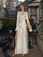 Vestito in Satin con Fessura Laterale TARUXY Donna Elegante per Feste Largo Senza Schienale Abito Lungo per Signora Discoteca Solido Temperamento Abito da Sera Femminile