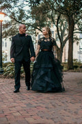 Charming Tulle Lace Two Piece Long Wedding Dress With Short Sleeves