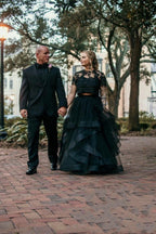 Charming Tulle Lace Two Piece Long Wedding Dress With Short Sleeves