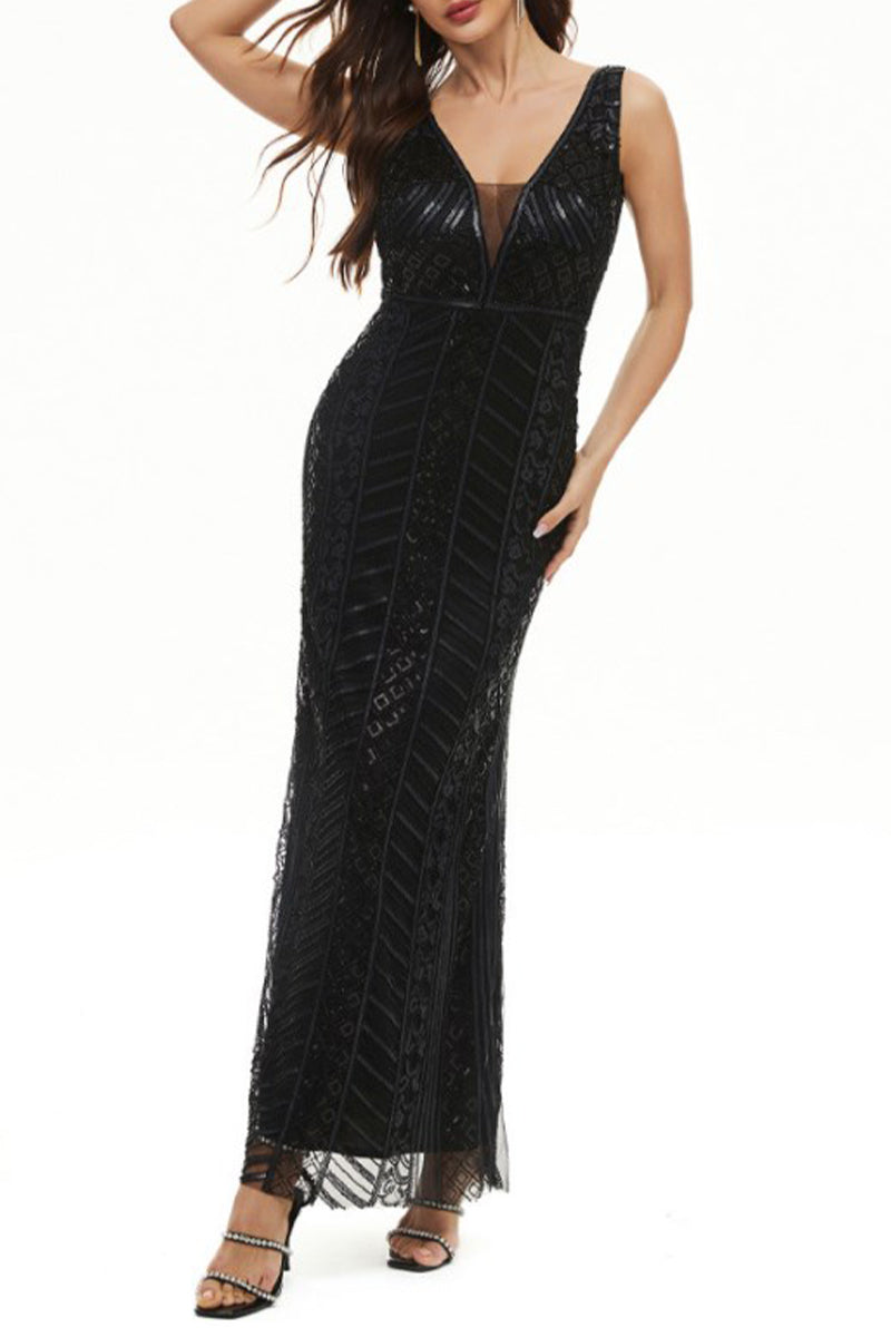 Sexy Formal Patchwork V Neck Vestidos de noite