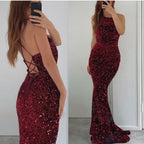 Vestidos de Baile Formais Longos de Sereia, Sem Mangas, com Lantejoulas e Costas Descobertas