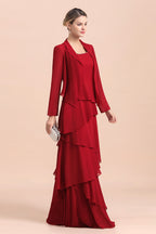 BMbridal Elegant Burgundy Chiffon Mother of the Bride Dress Ruffles With Jacket