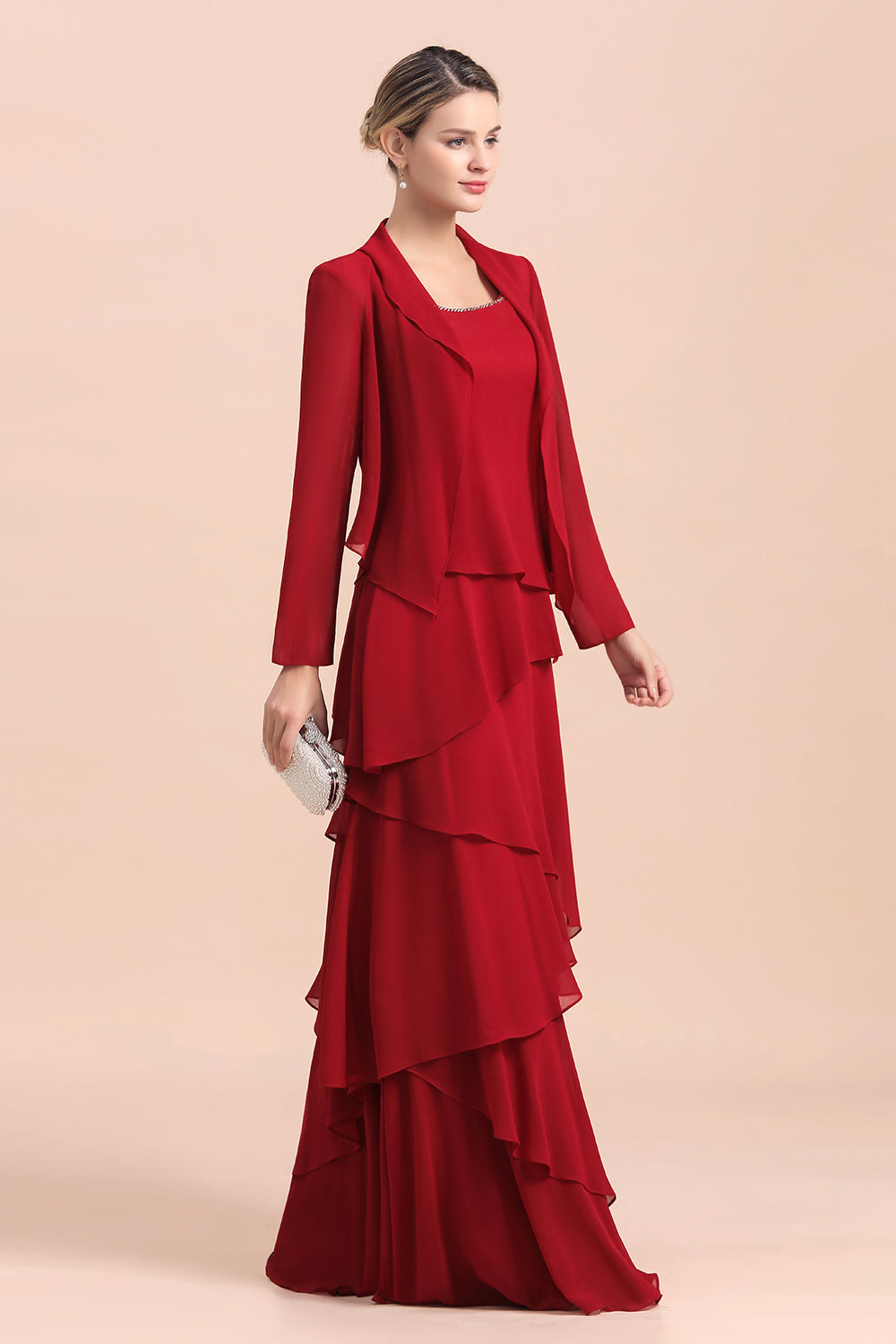 BMbridal Elegant Burgundy Chiffon Mother of the Bride Dress Ruffles With Jacket