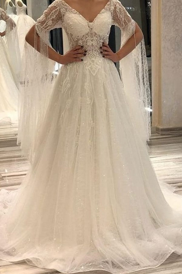 Short Sleeves Backless A Line Floorlength Wedding Dress V Neck Appliques