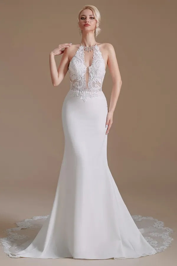 Charming Backless Long Mermaid Halter Satin Wedding Dresses With Lace Appliques