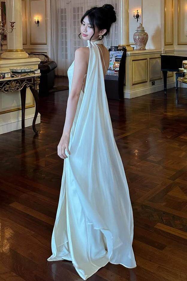 Halter Sleeveless Backless Long Mermaid Prom Dress With Pleated Skirt