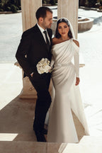 One Shoulder Mermaid Satin Wedding Dress With Overskirt And Backless