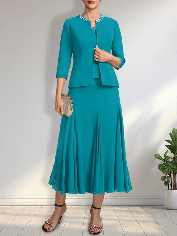 Getrenntes A-Linien Kleid mit U-Boot-Ausschnitt in Tee-Länge aus Chiffon für die Brautmutter mit Paillettenstickerei