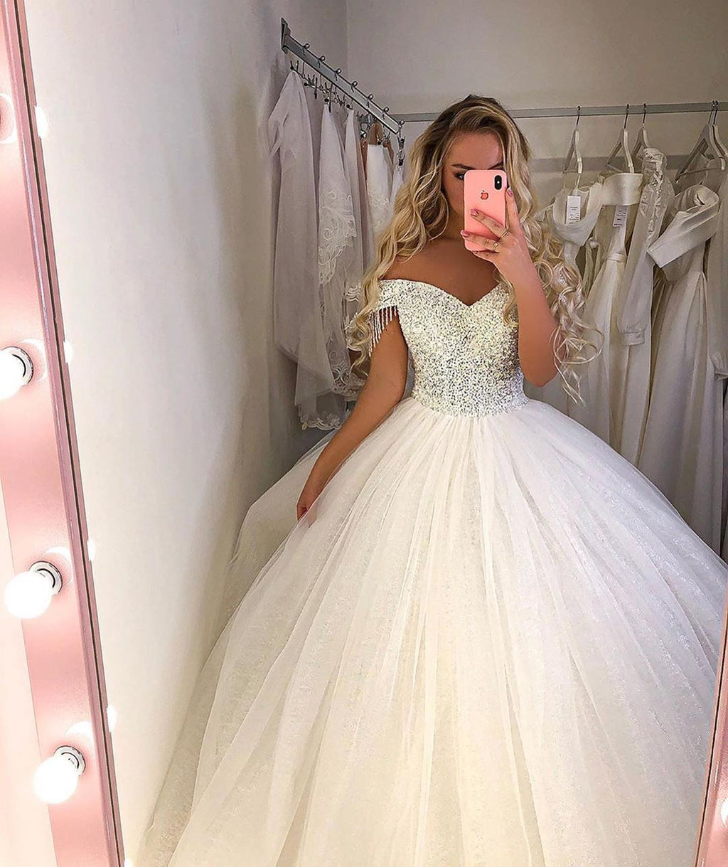 Pretty Princess Off The Shoulder Long Wedding Dress With Tulle