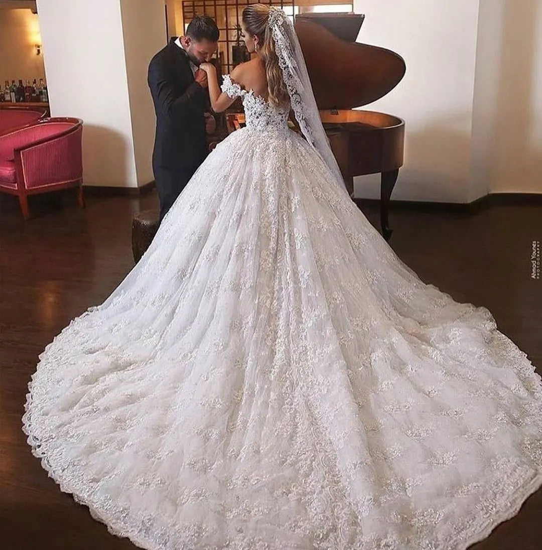 Glamorous Off The Shoulder Long Lace Ball Gown Wedding Dress With Train