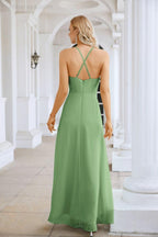Vestido de Festa Comprido até ao Chão para Damas de Honra, em Chiffon, com Alças Finas, Decote em V e Fenda Frontal, para Baile, Festa e Casamento 28116