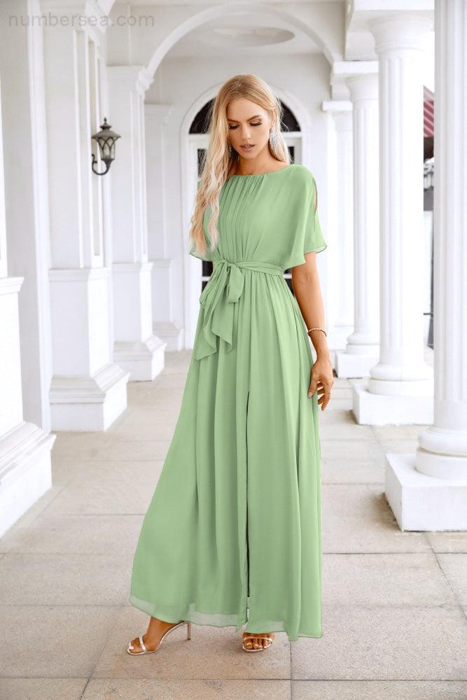 Robe de soirée longue jusqu'au sol pour demoiselle d'honneur, manches en mousseline, encolure ronde, fente avant, pour mariage et fête 28124