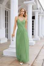 Vestido de Festa Comprido até ao Chão para Damas de Honra, em Chiffon, com Alças Finas, Decote em V e Fenda Frontal, para Baile, Festa e Casamento 28116