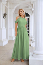 Abito da sera da damigella in chiffon con spalle scoperte, maniche a campana e spacco frontale, abito da festa nuziale 28117