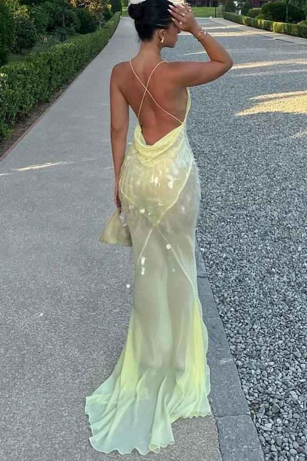 Robe longue fendue dos nu à encolure en V profond avec paillettes et ourmet en queue de poisson - Jaune