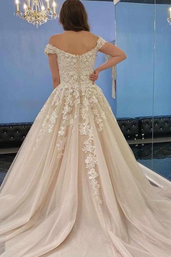 Elegant Off Shoulder A Line Long Wedding Dress With Tulle Lace