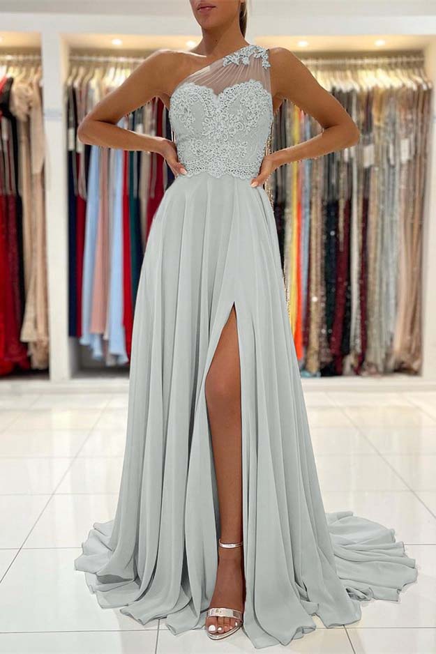 Custom One Shoulder Prom Dress With Lace Appliques And Front Split