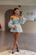 Spaghetti Strap Long Sleeves A Line Prom Dress With Beading