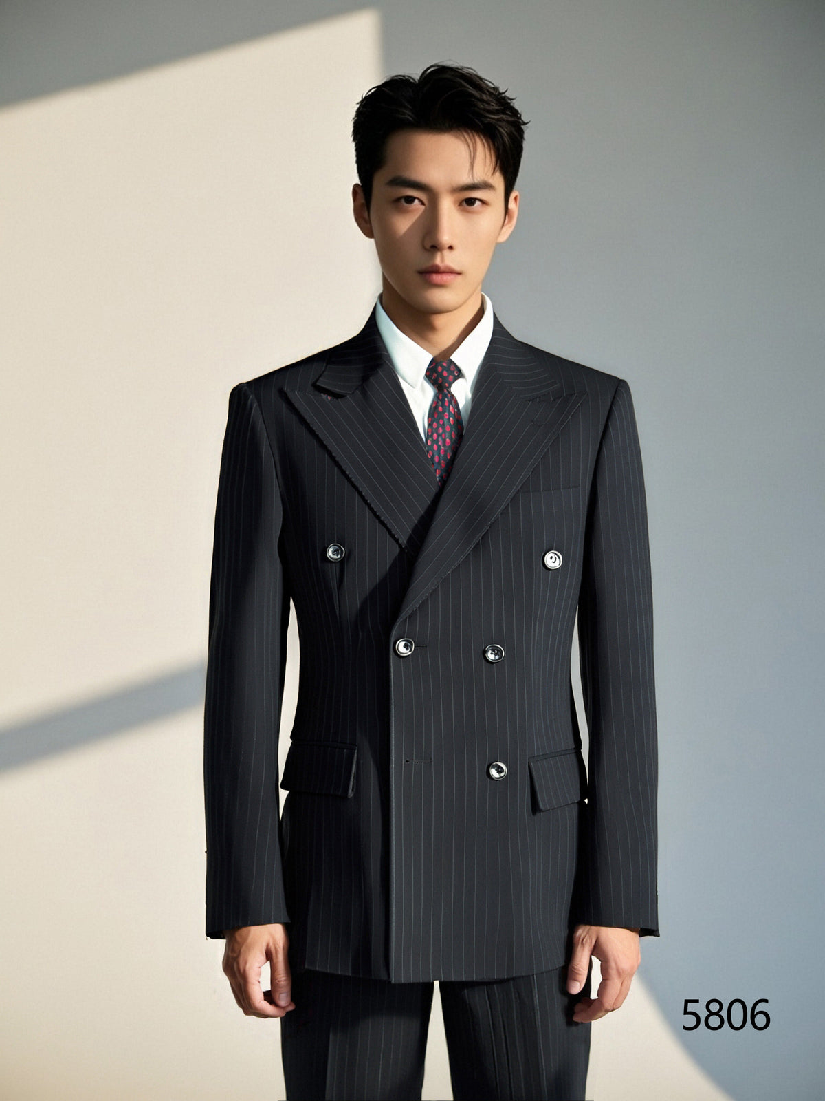 Black Pinstripe Wool 3Piece Double Breasted Wedding Suit For Groom Groomsmen