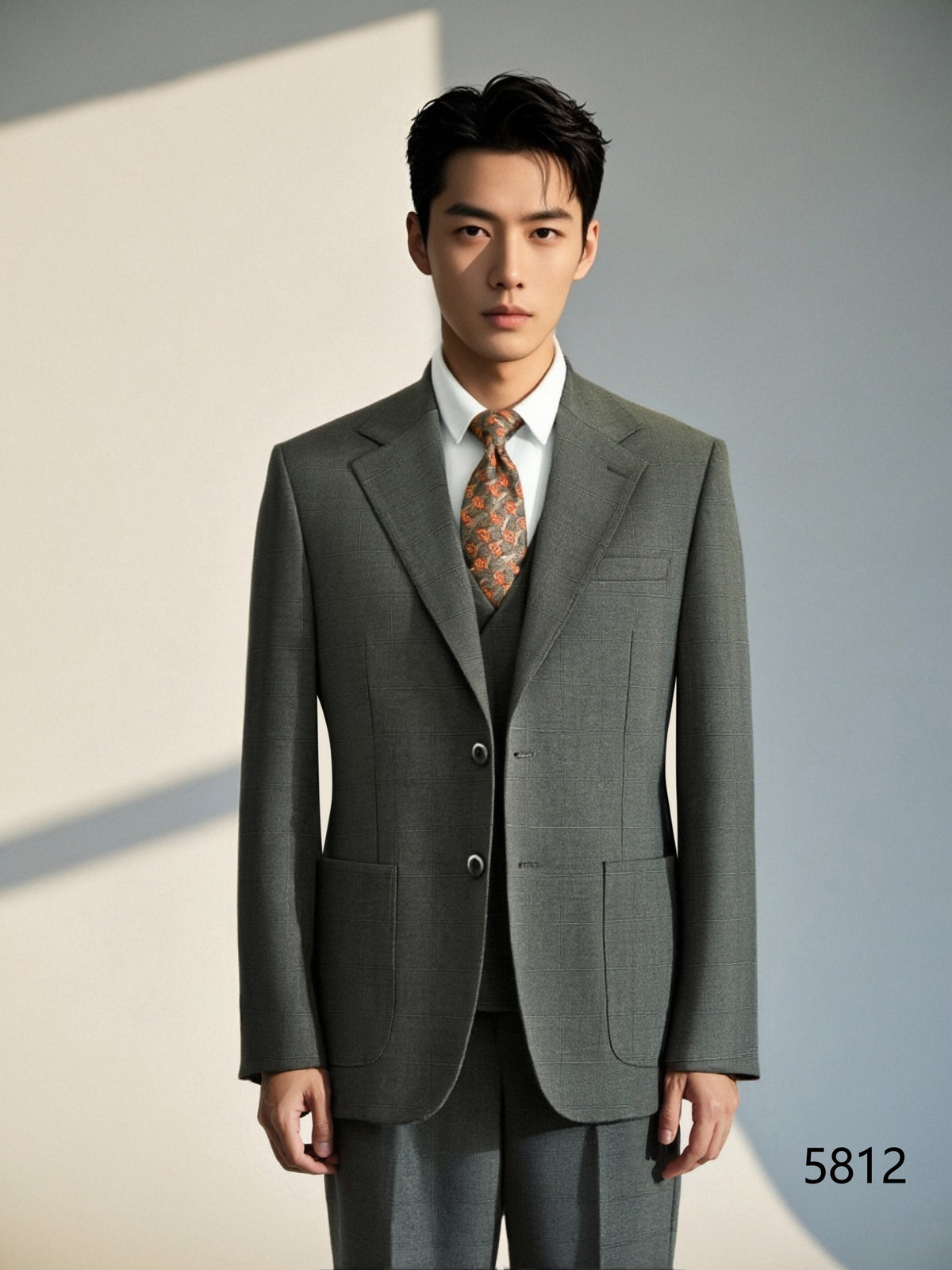 Charcoal Grey Windowpane Check Wool 3 Piece Wedding Suit For Groom And Groomsmen