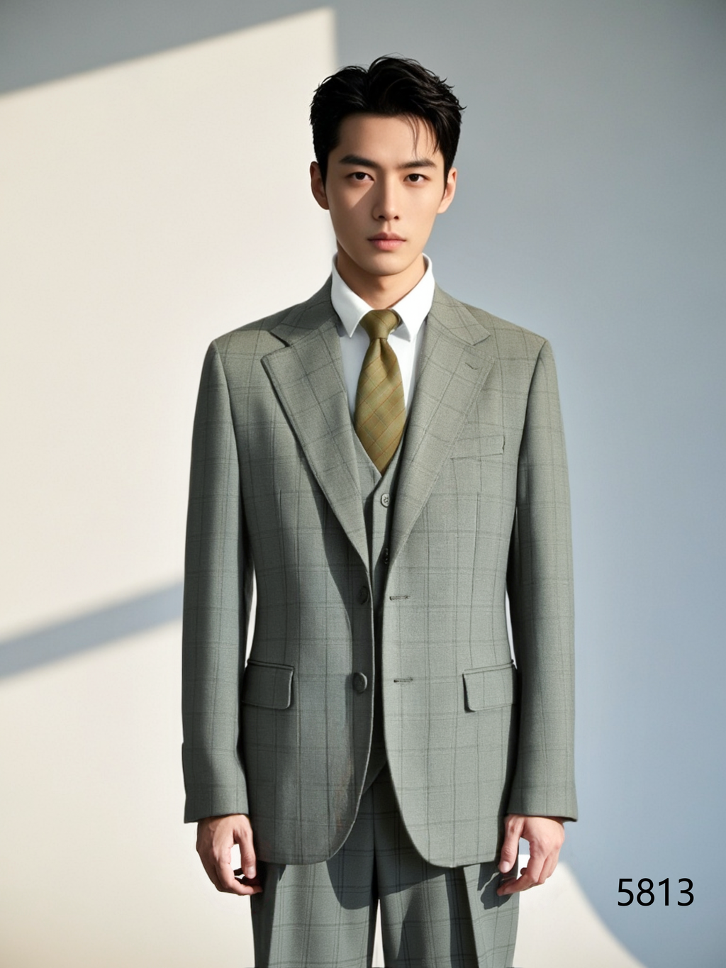 Light Grey Windowpane Check 3 Piece Wedding Suit For Groom And Groomsmen