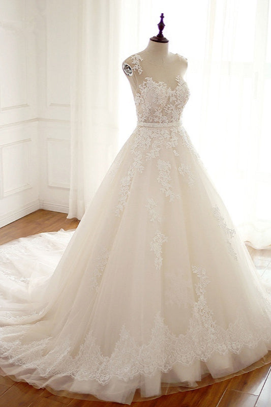Vintage Jewel Tulle Long A Line Wedding Dress With Appliques Lace