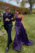Custom One Shoulder Sleeveless Dark Green Pleated Long Prom Dress