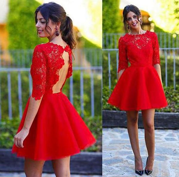 Vestito rosso a mezza manica a linea ad A per festa di ritorno a casa, senza schiena, in pizzo, corto per ballo di fine anno