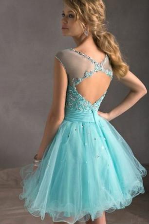 Blue Tiffany Tulle Lace Homecoming Dress, Perfect Short Prom Dresses