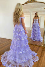 Fuchsia Princess Off the Shoulder Long Tiered Corset Prom Dress with Sequins