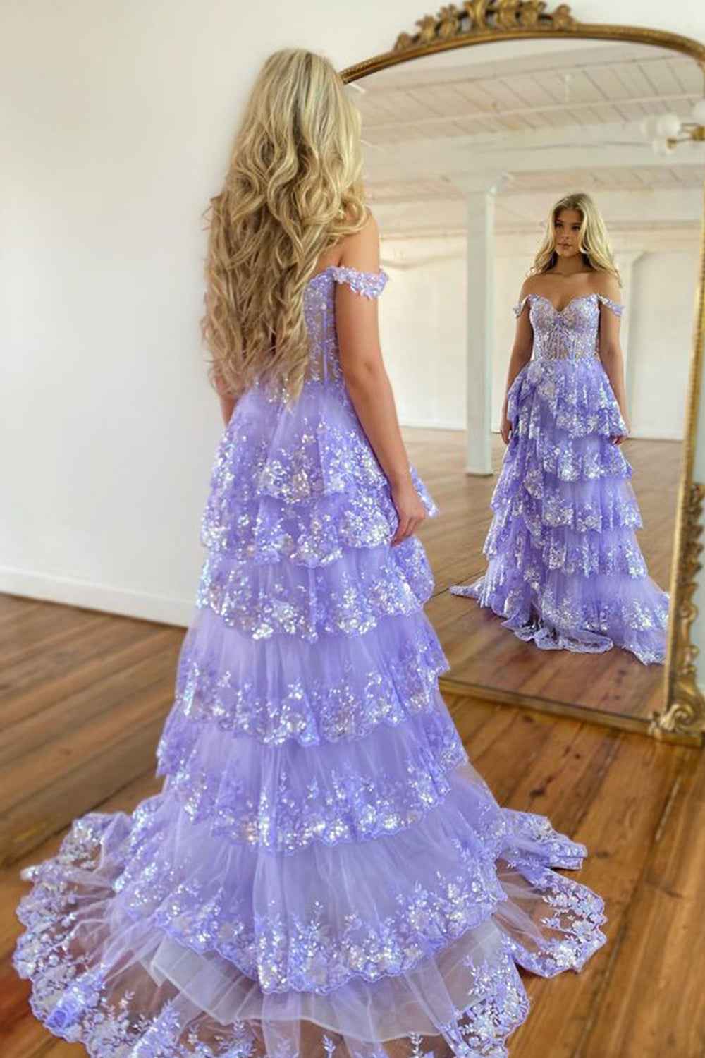 Fuchsia Princess Off the Shoulder Long Tiered Corset Prom Dress with Sequins