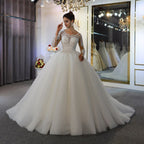 Bateau Neckline Floor Length Long Sleeves Wedding Dress With Lace Appliques
