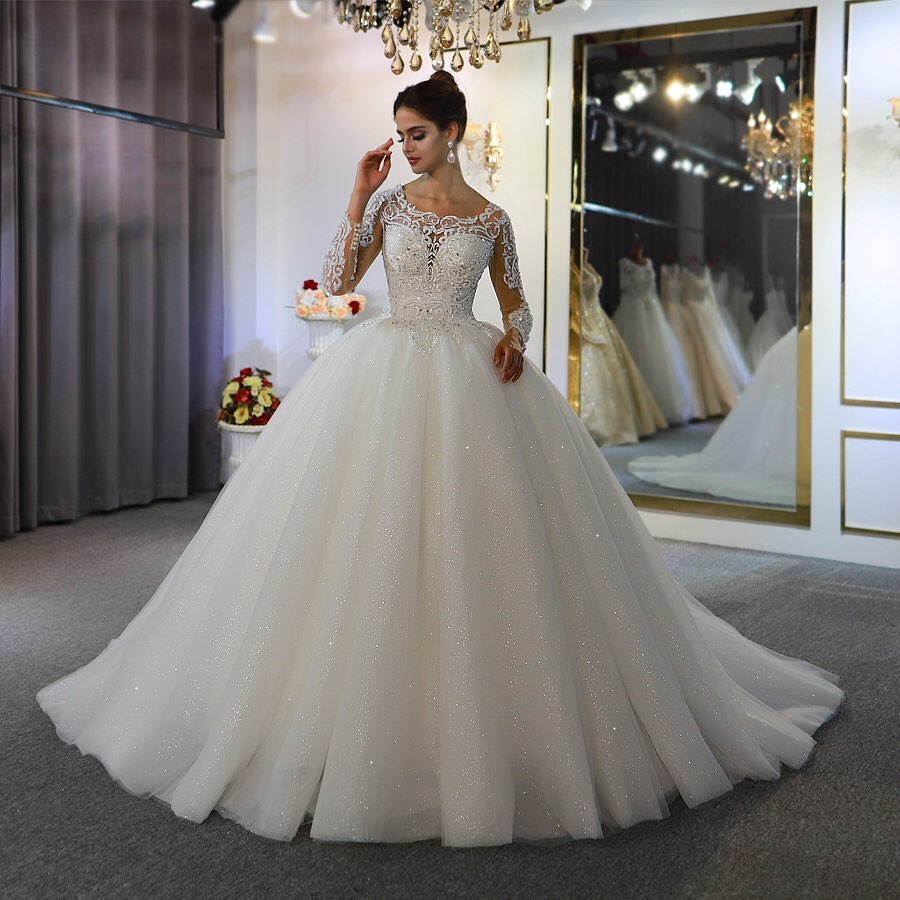 Bateau Neckline Floor Length Long Sleeves Wedding Dress With Lace Appliques